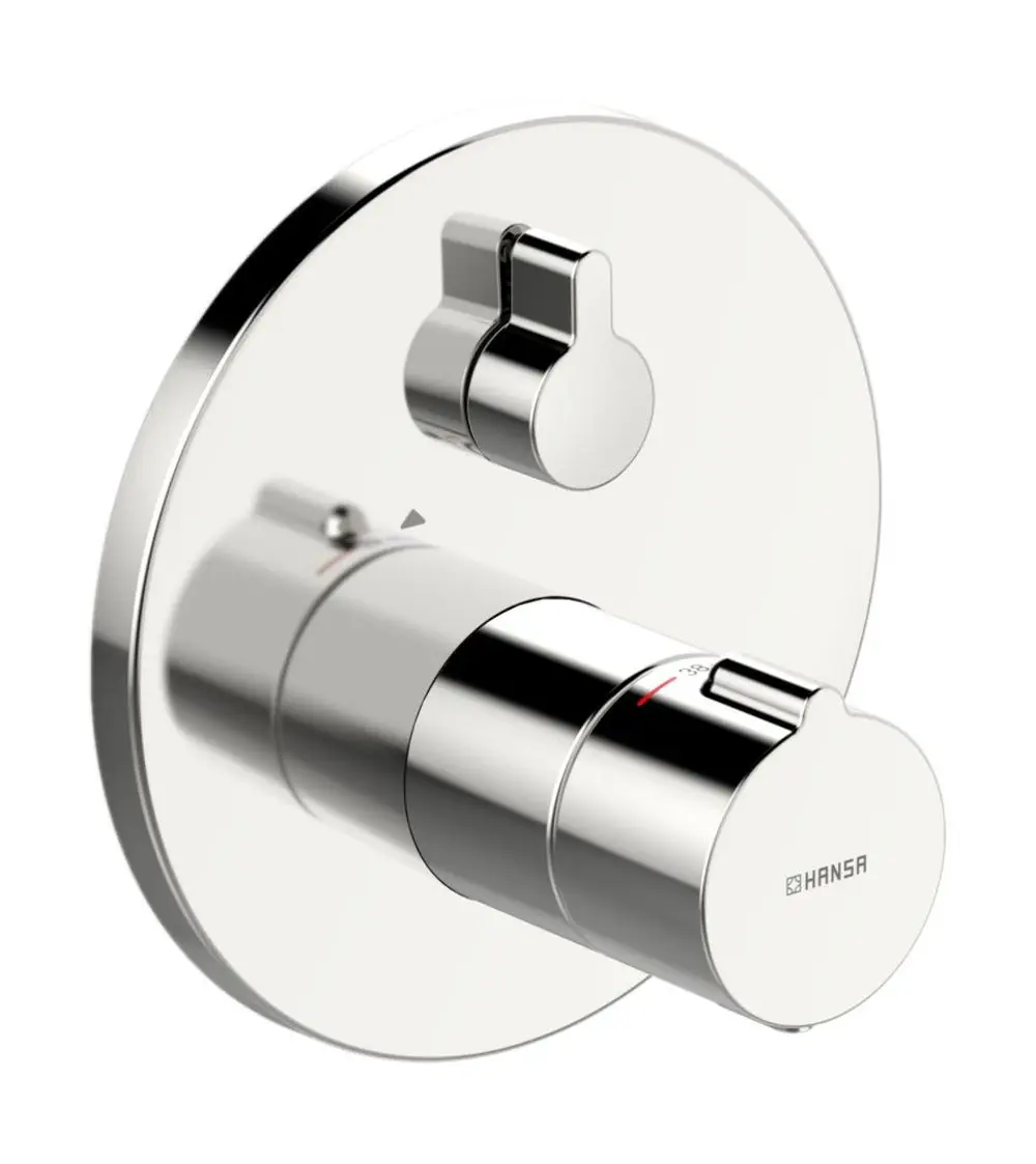 Brausebatterie mit runder Rosette in Chrom, ausgestattet mit einem Temperaturregler und einem Wasserauslass, Marke HANSA.